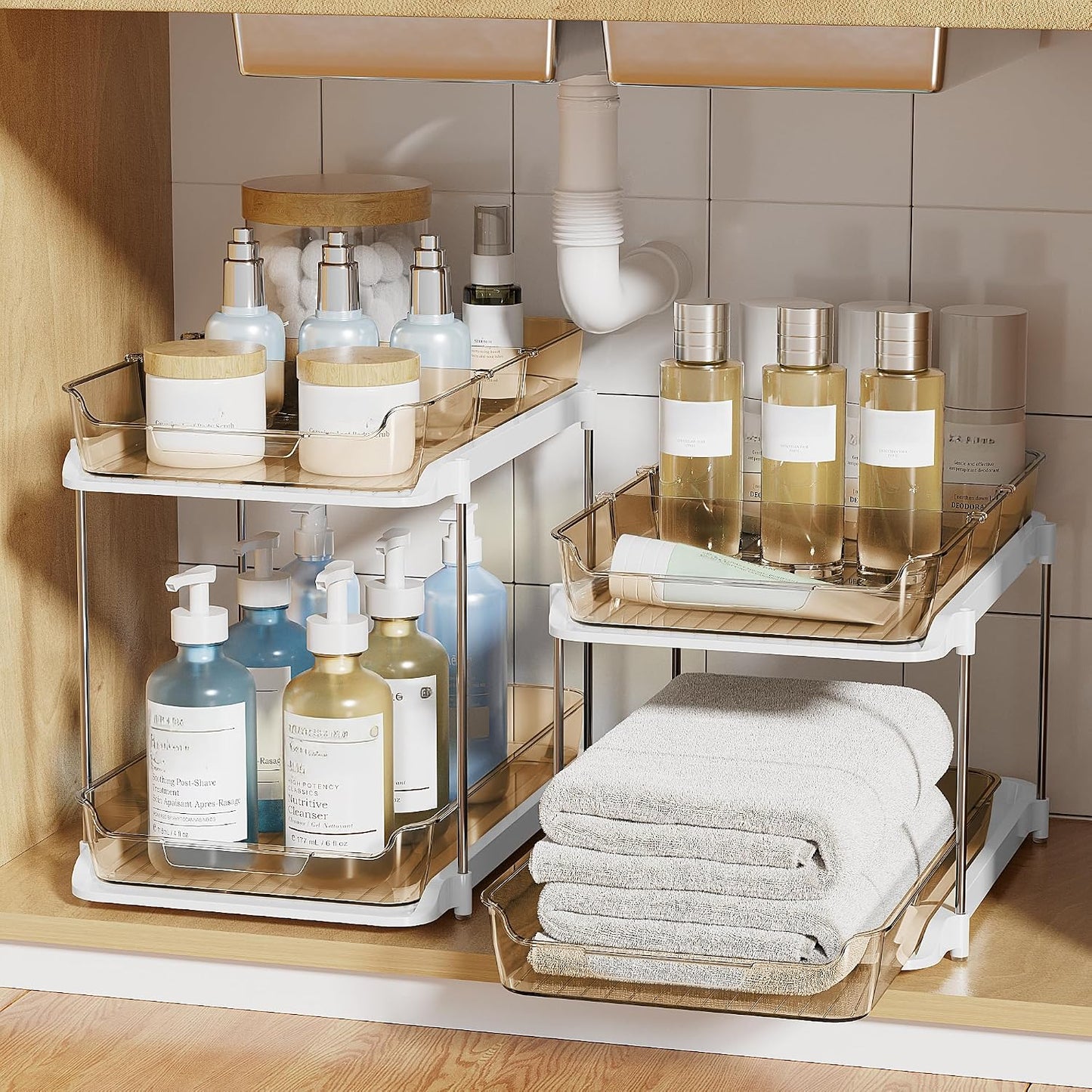 Delamu 2-Tier Multi-Purpose Bathroom Under Sink Organizers and Storage, Stackable Kitchen Pantry Organization, Pull Out Medicine Cabinet Organizer with Movable Dividers, White, 2 Pack