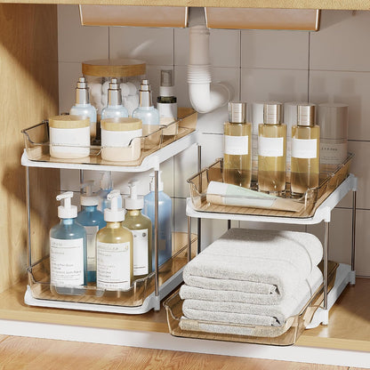 Delamu 2-Tier Multi-Purpose Bathroom Under Sink Organizers and Storage, Stackable Kitchen Pantry Organization, Pull Out Medicine Cabinet Organizer with Movable Dividers, White, 2 Pack