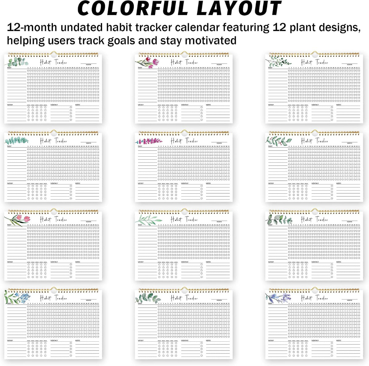 Habit Tracker Calendar, Aesthetic Daily Weekly Goal and Habit Tracker Journal, 12 Months Undated Habits Tracker Planner with Spiral Binding, Boost Productivity Tool and Workout Calendar, 11.7"x8.5"