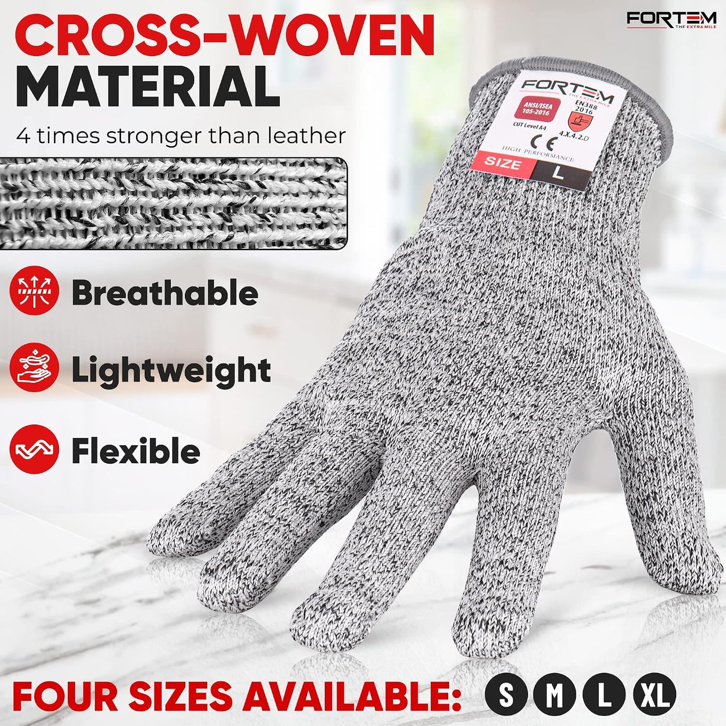 FORTEM Cut Resistant Gloves, 4x, Level 5 Protection Cutting Gloves For Oyster Shucking, Kitchen Work, Food Grade