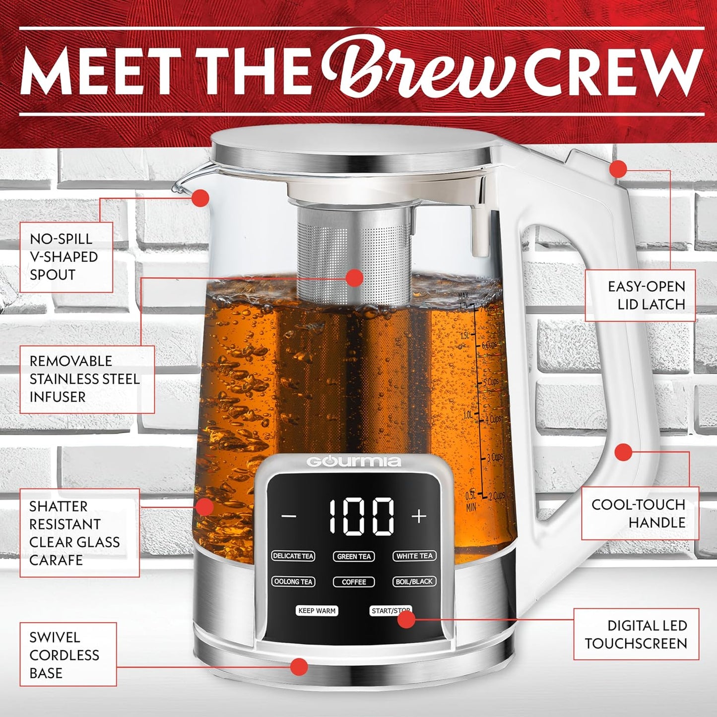 Gourmia Electric Glass Kettle – 1.7L Programmable Tea & Coffee Brewer with Digital Touch Display, 6 Presets, Removable Stainless Steel Infuser, Cordless with 360° Swivel Base, Black
