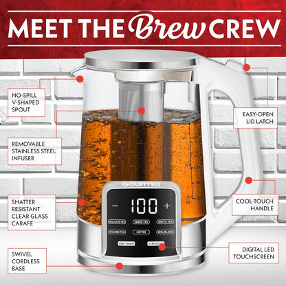 Gourmia Electric Glass Kettle – 1.7L Programmable Tea & Coffee Brewer with Digital Touch Display, 6 Presets, Removable Stainless Steel Infuser, Cordless with 360° Swivel Base, Black