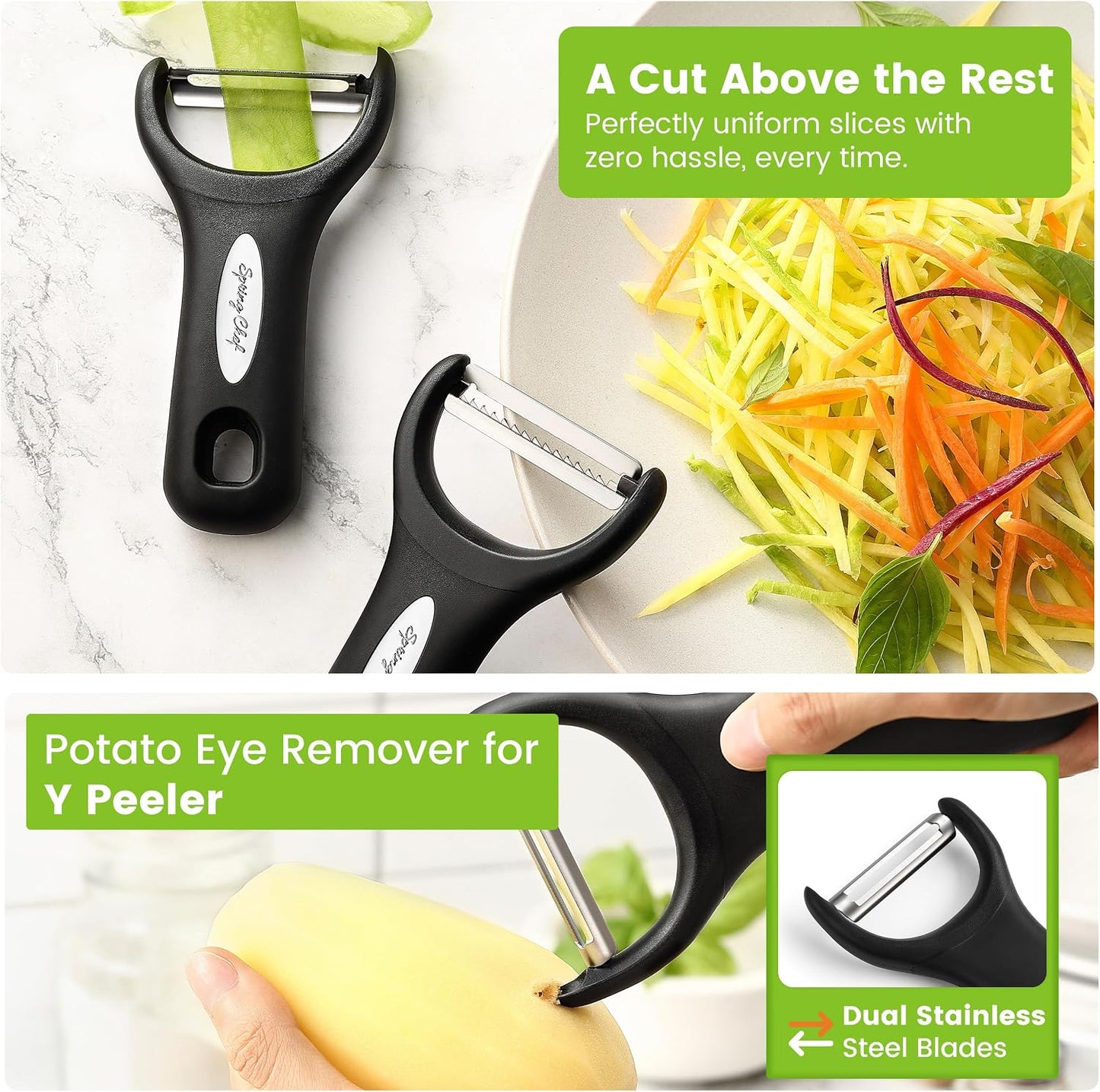 Spring Chef Swivel Potato Peeler & Julienne Vegetable Peeler w/Soft Handle | Premium Multifunctional Peelers for Kitchen with Sharp Stainless Steel Blades & Blade Covers, Dishwasher Safe Veggie Peelers