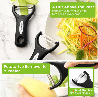 Spring Chef Swivel Potato Peeler & Julienne Vegetable Peeler w/Soft Handle | Premium Multifunctional Peelers for Kitchen with Sharp Stainless Steel Blades & Blade Covers, Dishwasher Safe Veggie Peelers