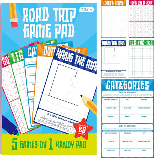 Road Trip Game Pad, 80 Perforated Sheets Travel Activity Pad, 5 Games in 1 Pad, Plane, Car Trip Activity, Pen Pencil & Paper Game for Kids, Adults (6” x 9”)