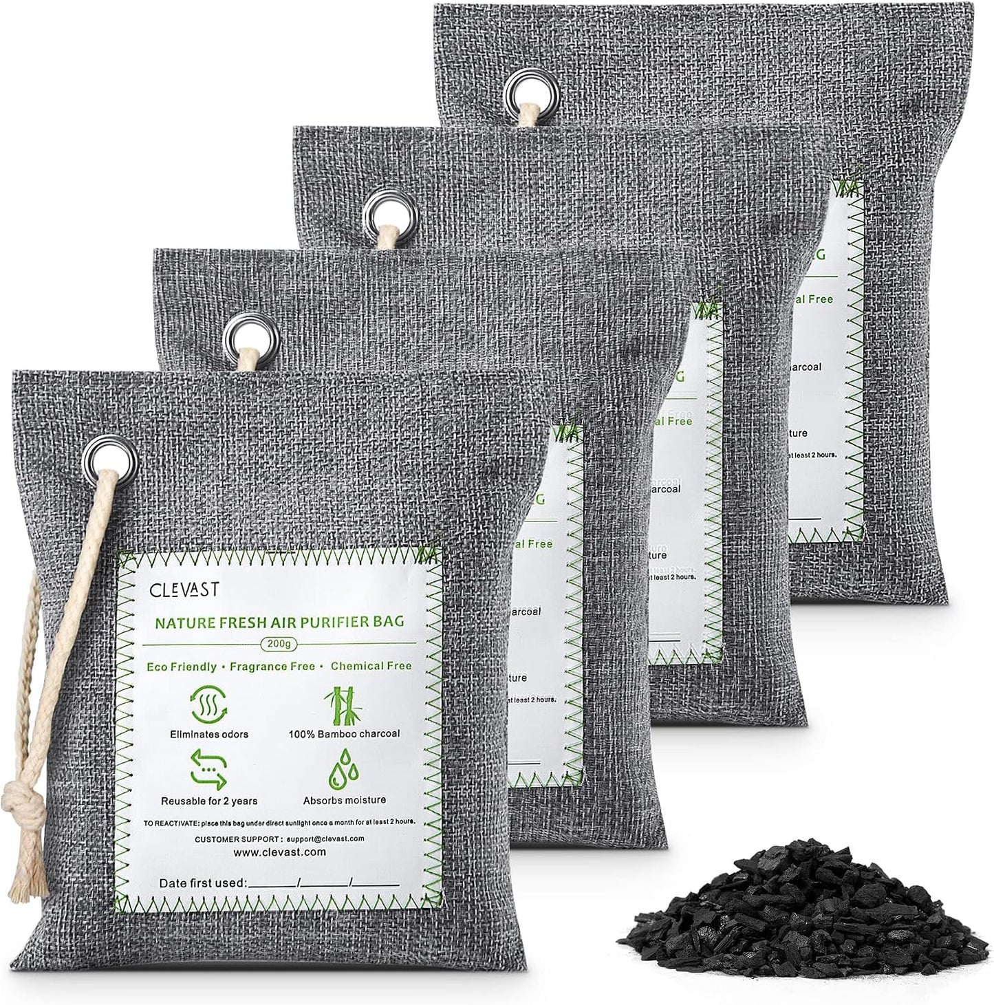 CLEVAST Bamboo Charcoal Air Purifying Bags - (Large, 4×200g), Removes Odors and Moisture, Nature Fresh Air Purifier Bags, Odor Eliminator for Home, Car, Pets, Bathroom, Basement