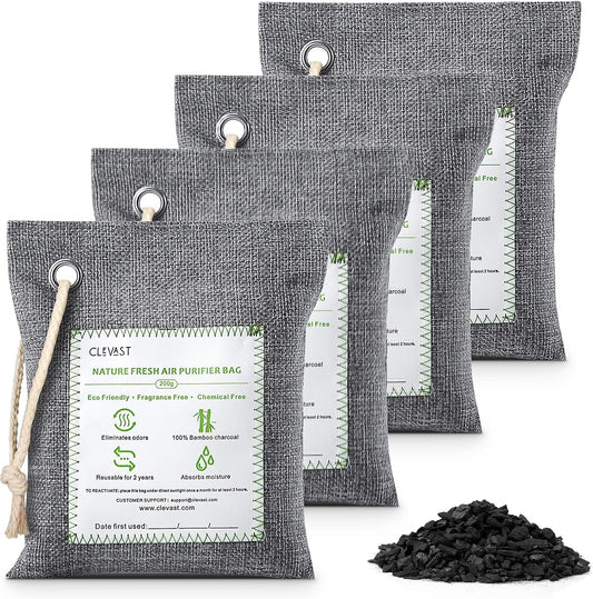 CLEVAST Bamboo Charcoal Air Purifying Bags - (Large, 4×200g), Removes Odors and Moisture, Nature Fresh Air Purifier Bags, Odor Eliminator for Home, Car, Pets, Bathroom, Basement