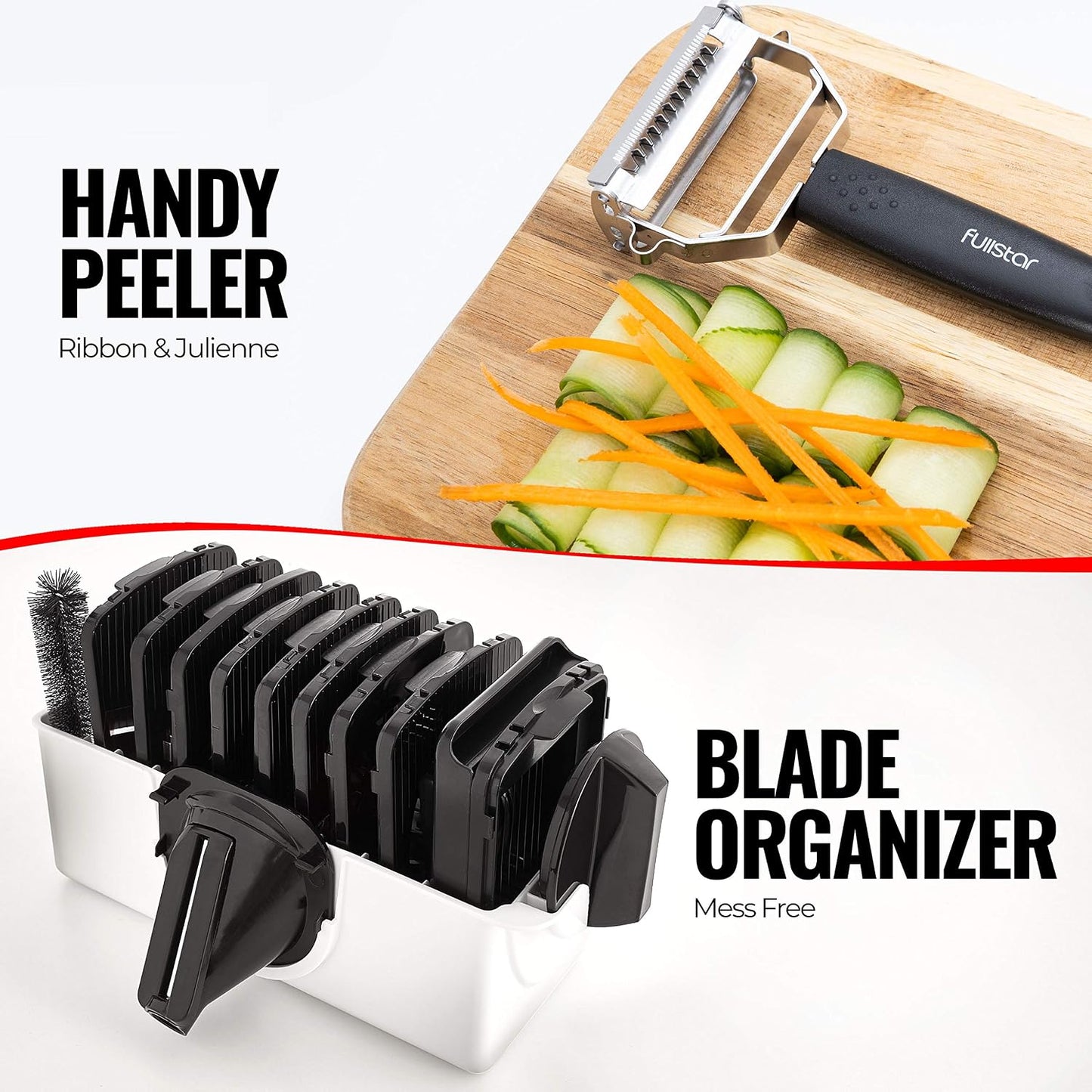 Fullstar Pro Mandoline Vegetable Slicer, Grater & Spiralizer with Container | 6 in 1 Fruit Cutter, Cheese Grater & Spiralizer with Safety Gloves, Stainless Steel Blades & Container (Black)