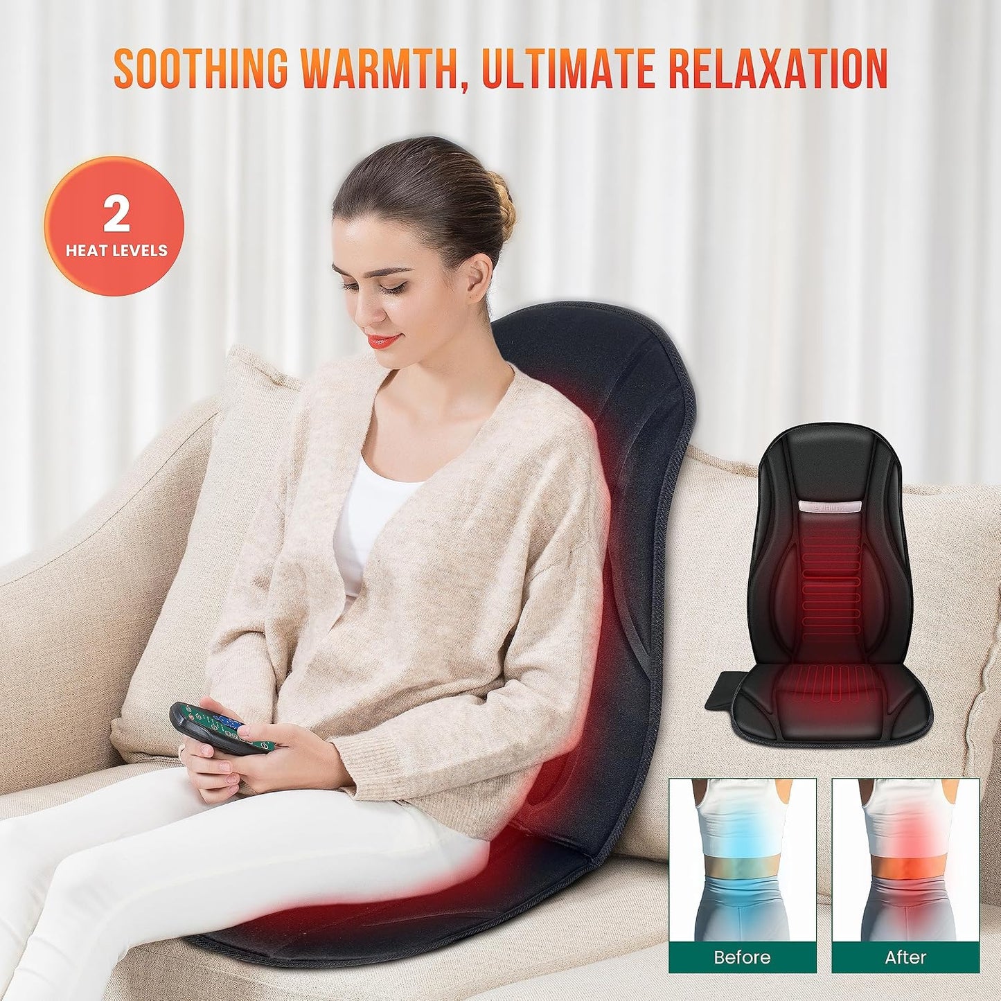 Snailax Vibration Back Massager with Heat, Seat Massager with 8 Vibrating Motors & 5 Modes, Chair Massage Cushion, Massage Pad for Sofa, Recliner, Chair, Home, Office, Gifts for Parents