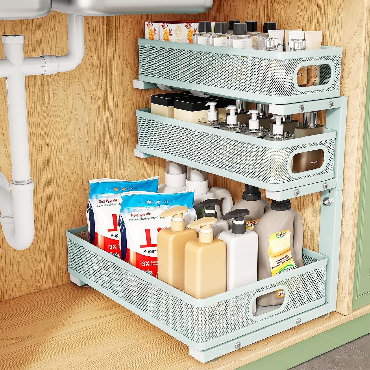 Kitstorack Under Sink Organizer, 2-Pack 3-Tier Height Adjustable Thickened Metal Pull out Cabinet Organizer Shelf, Slide out Storage Drawer Rack for Bathroom Kitchen Pantry Home Laundry Organization