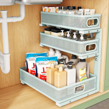 Kitstorack Under Sink Organizer, 2-Pack 3-Tier Height Adjustable Thickened Metal Pull out Cabinet Organizer Shelf, Slide out Storage Drawer Rack for Bathroom Kitchen Pantry Home Laundry Organization