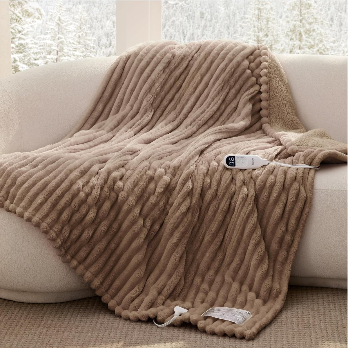 Bedsure Heated Blanket Electric Throw - Thick Striped Fast Heating Electric Blanket with Preheat Function, 6 Heat & 6 Timer (Up to 10H), 8H Auto Off, ETL Certified, Gifts for Women (50"x60", White)