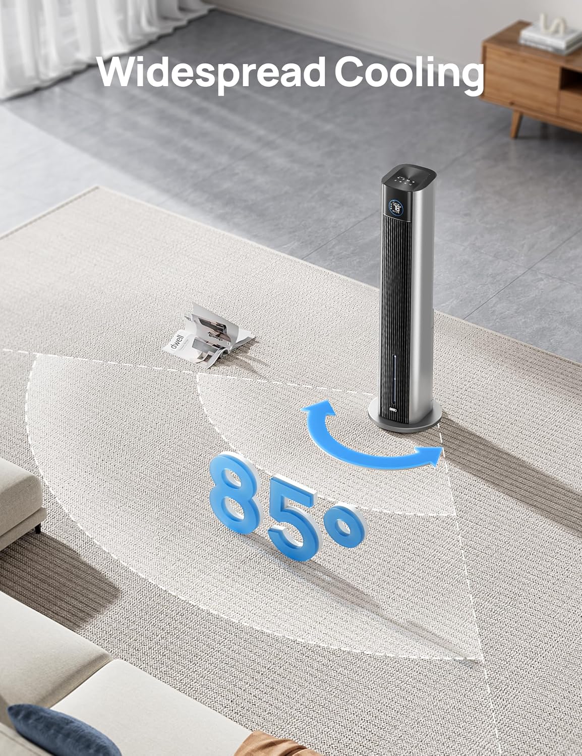 DREO Tower Fan for Bedroom, 43" Cooling Fans That Blow Cold Air 2025 Upgraded, Evaporative Air Cooler, Quiet 85° Oscillating Floor Fan, Easy Cleaning, APP Control, 4 Modes & 4 Speeds, Ink Black