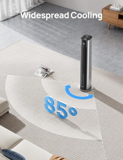 DREO Tower Fan for Bedroom, 43" Cooling Fans That Blow Cold Air 2025 Upgraded, Evaporative Air Cooler, Quiet 85° Oscillating Floor Fan, Easy Cleaning, APP Control, 4 Modes & 4 Speeds, Ink Black