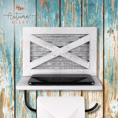 Autumn Alley Rustic Farmhouse Toilet Paper Holder with Shelf for Wipes - Rustic Farmhouse Bathroom Decor - Farmhouse Bathroom Accessories and Western Bathroom Decor Wall Mounted, Brown Wood