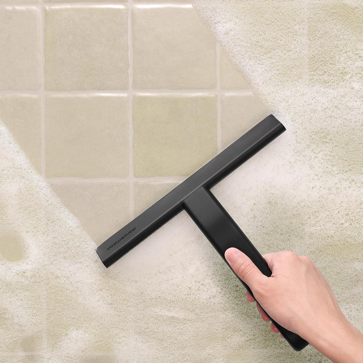 JustHang Shower Squeegee with Built-in Hook, 10-Inch Black | Award-Winning Design, All-One-Piece Soft-Touch Silicone, for Glass Door, Bathroom, Window, Mirror, Tile Wall, Car