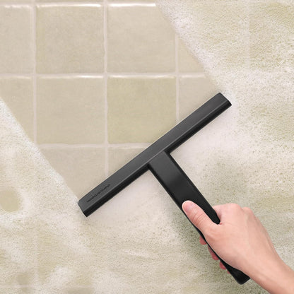 JustHang Shower Squeegee with Built-in Hook, 10-Inch Black | Award-Winning Design, All-One-Piece Soft-Touch Silicone, for Glass Door, Bathroom, Window, Mirror, Tile Wall, Car
