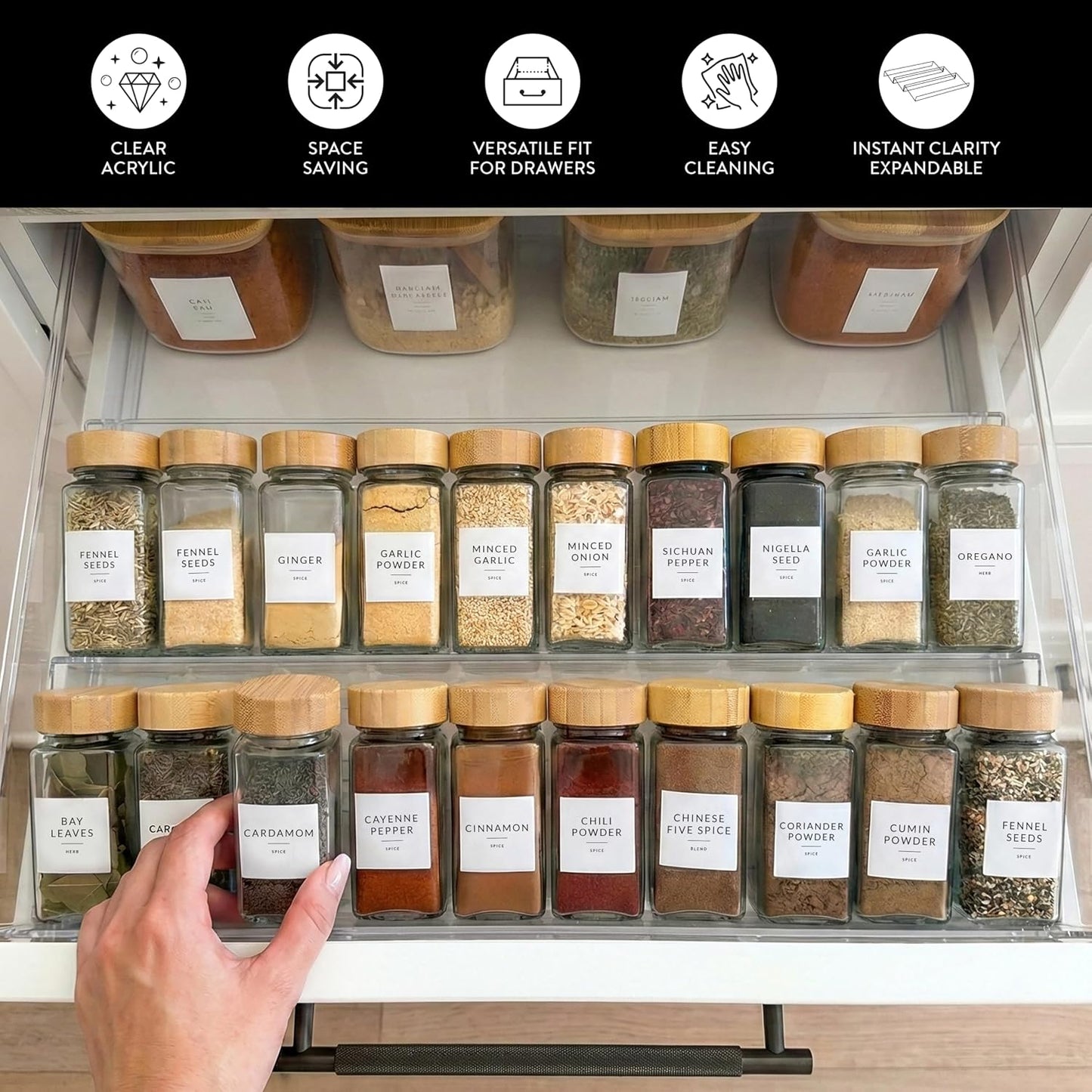 Acrylic Spice Drawer Organizer 4 PK, Expandable 13"-26" Acrylic Spice Rack for Drawer Seasoning Organizer Tray, Shelf Stackable 4-Tier Herb Jar Rack Insert for Kitchen Cabinet, Herb Jars Not Included
