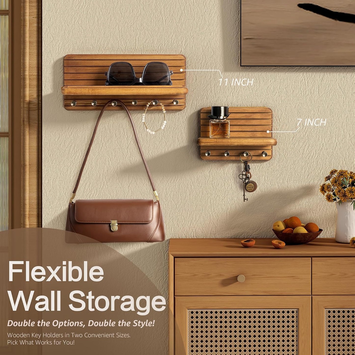 Rebee Vision Pine Wood Key Holder Wall Mount with Shelf for Entryway, Brown | 6 Key Hooks, Round Corner, Smooth&Hand-Friendly, Clear Wood Texture, Space-Saving Design, Organize Mail & Letter