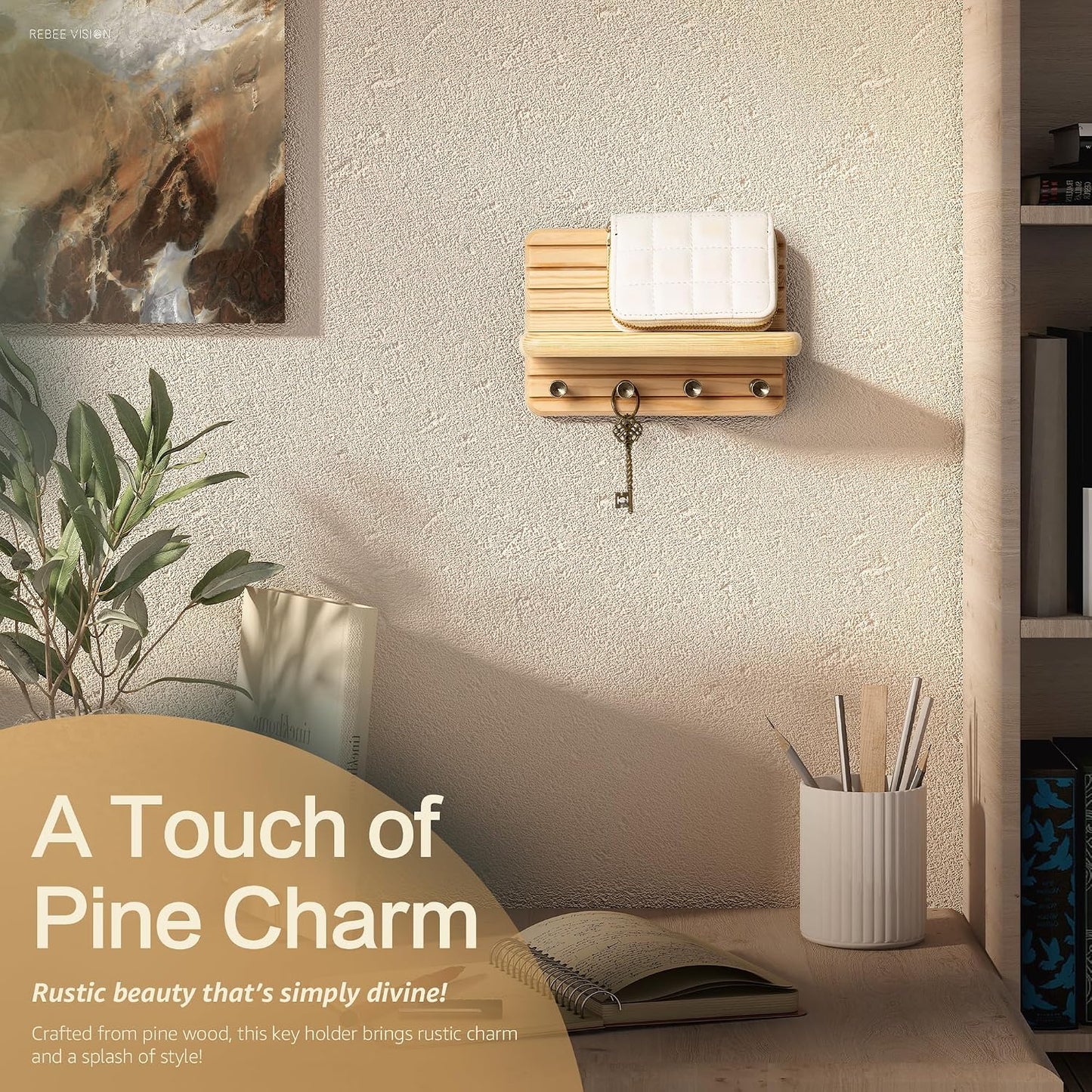 Rebee Vision Pine Wood Key Holder Wall Mount with Shelf for Entryway, Brown | 6 Key Hooks, Round Corner, Smooth&Hand-Friendly, Clear Wood Texture, Space-Saving Design, Organize Mail & Letter