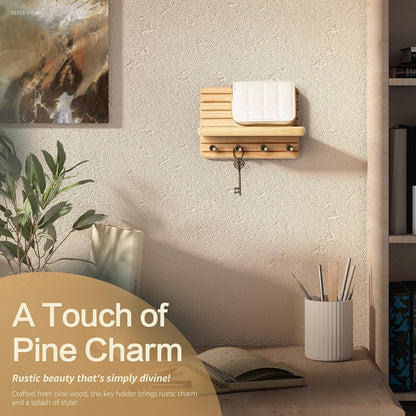 Rebee Vision Pine Wood Key Holder Wall Mount with Shelf for Entryway, Brown | 6 Key Hooks, Round Corner, Smooth&Hand-Friendly, Clear Wood Texture, Space-Saving Design, Organize Mail & Letter
