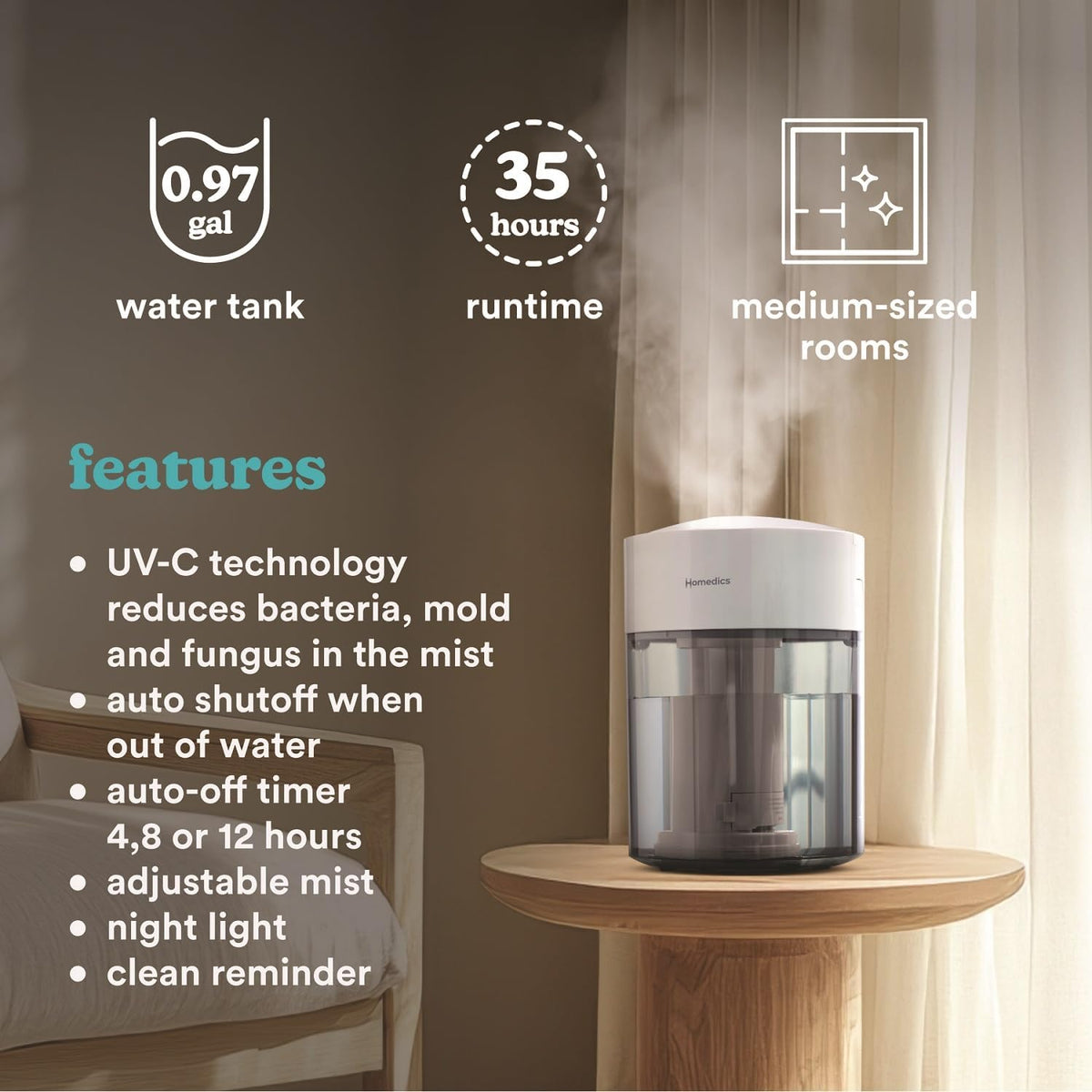 Homedics Cool Mist Humidifiers for Bedroom, Home, Nursery, Office, Plants