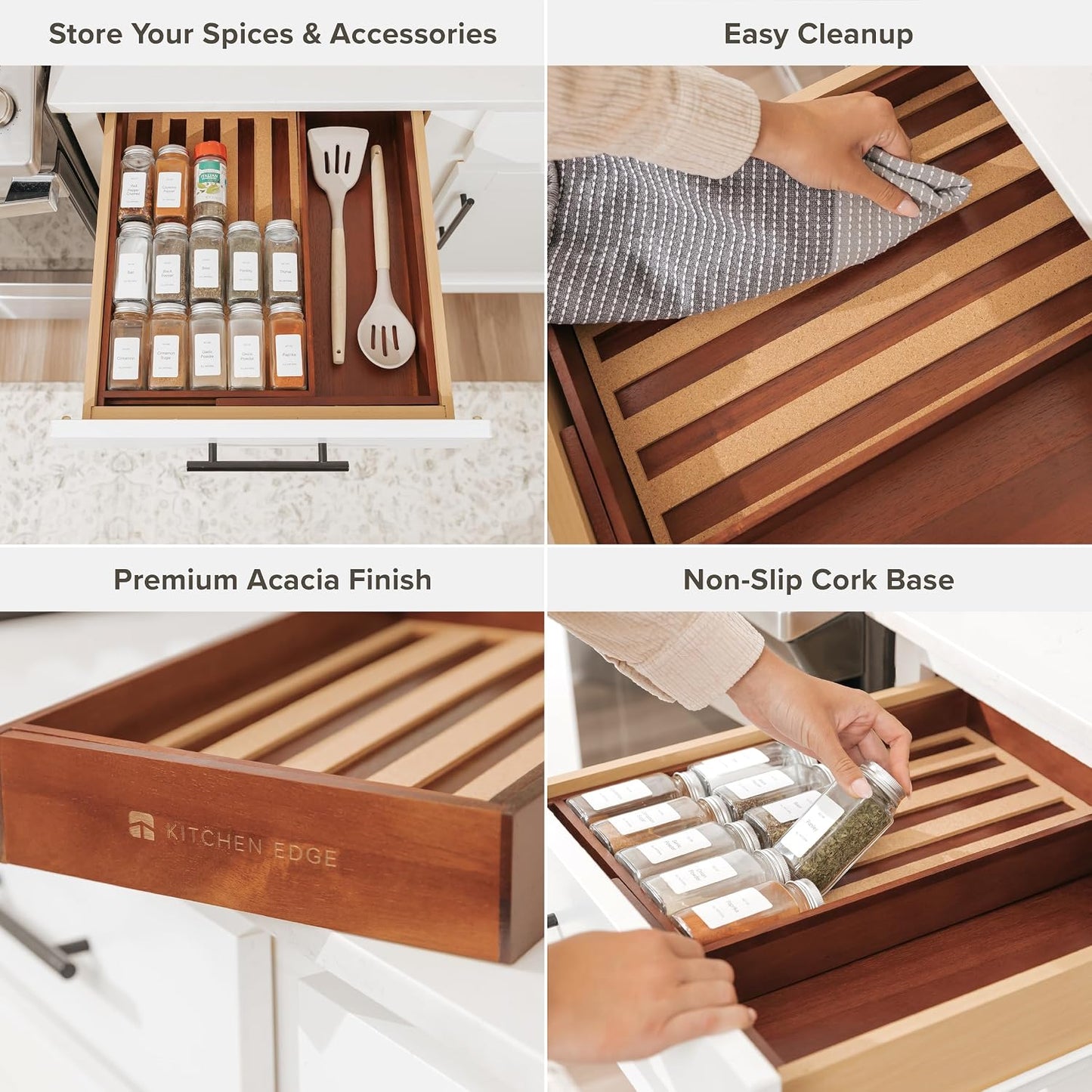 Expandable Spice Drawer Organizer, Bamboo | Holds up to 15 spice jars (not included), non-slip feet, 100% sustainable bamboo wood