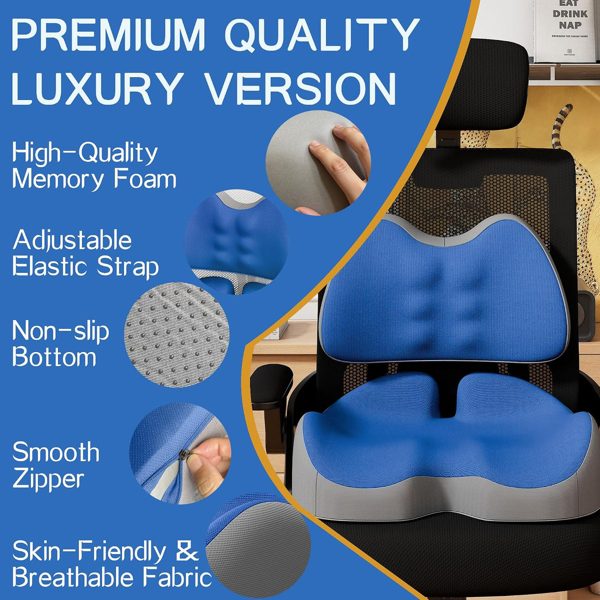 Benazcap Large Memory Foam Seat Cushion Lumbar Support Pillow for Sciatica & Tailbone Pressure Relief Coccyx Pad for Office Chair, Wheelchair, Car, Home, Office, Blue