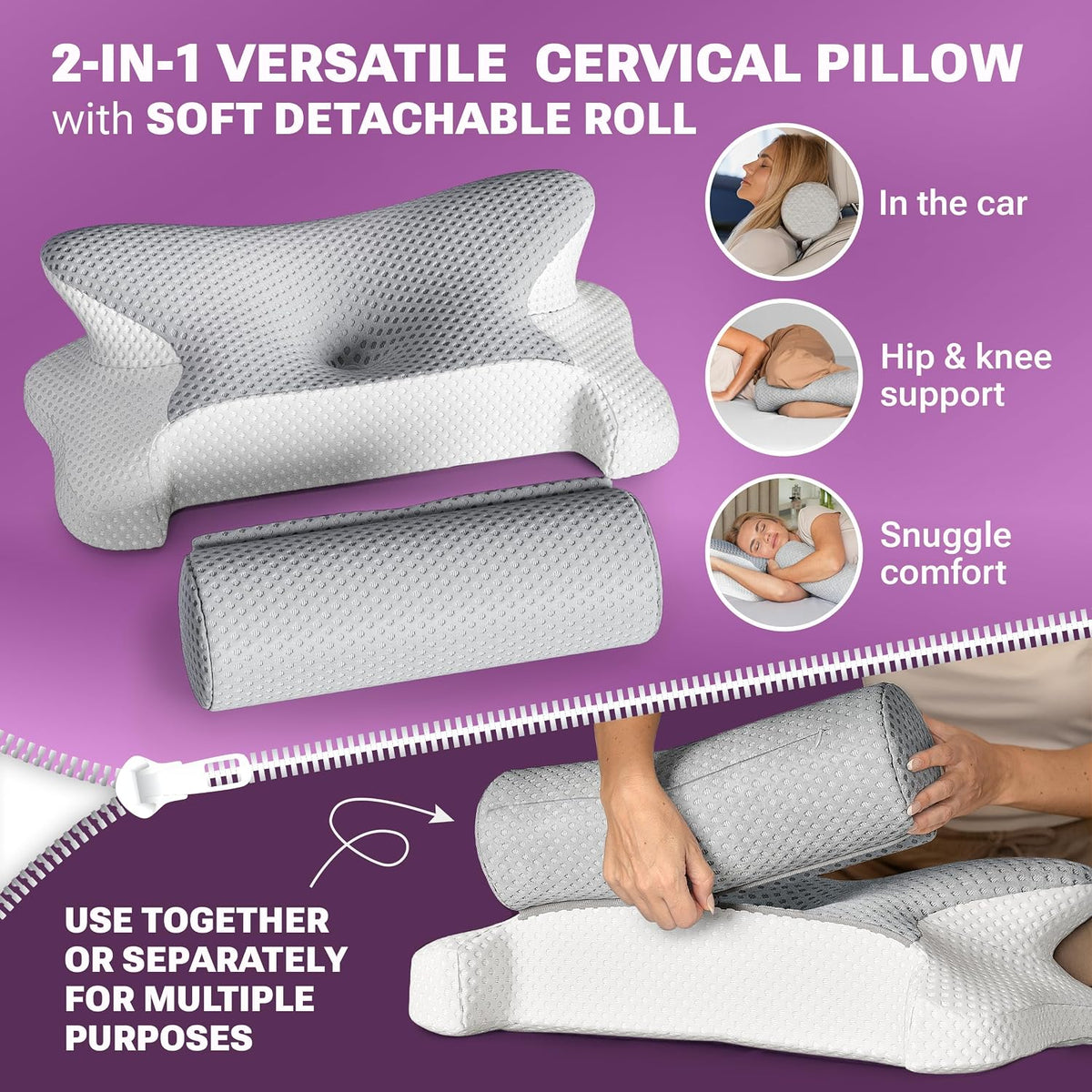 3-in-1 Orthopedic Pillow, Cervical Neck Pillow for Sleeping, Adjustable Height Memory Foam Neck Pillow and Detachable Roll, Contour Pillow for Neck Pain Relief for All Sleeping Positions (Gray)