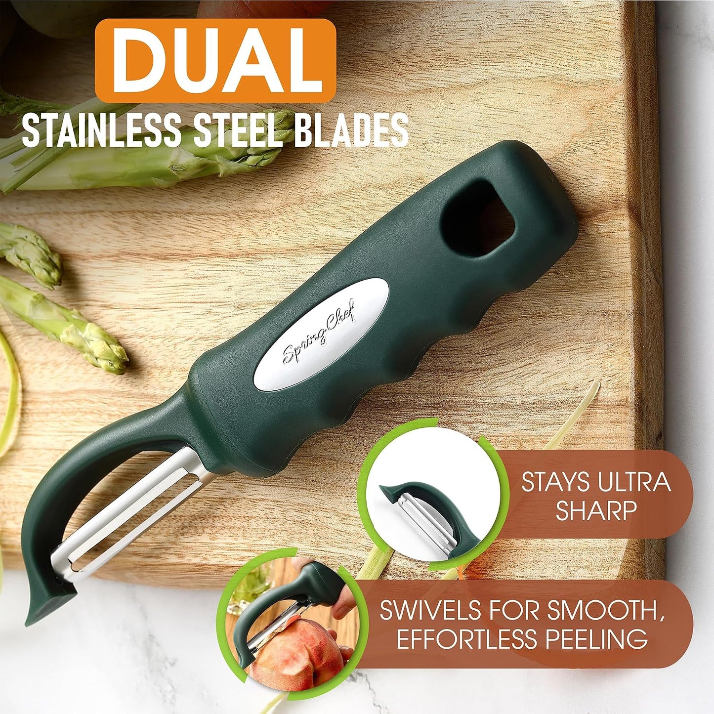 Spring Chef Swivel Potato Peeler for Kitchen w/ Soft Grip Handle, Mango | Premium Vegetable Peeler w/ Sharp Stainless Steel Blades, Multifunctional Food Peeler for Apple, Carrot, Cucumber, Fruit