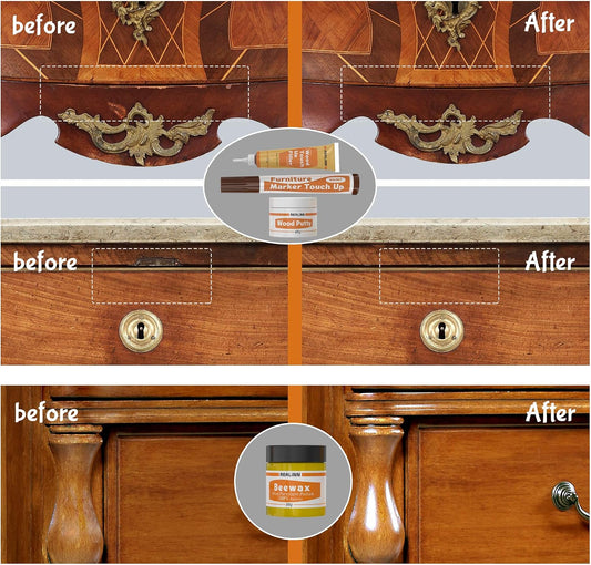 Wood Furniture Repair Kit- Set of 28 - Touch Up Markers | Fillers with Wood Putty - Repair Scratch, Cracks, Hole, Discoloration for Wooden Door, Floor, Table, Cabinet