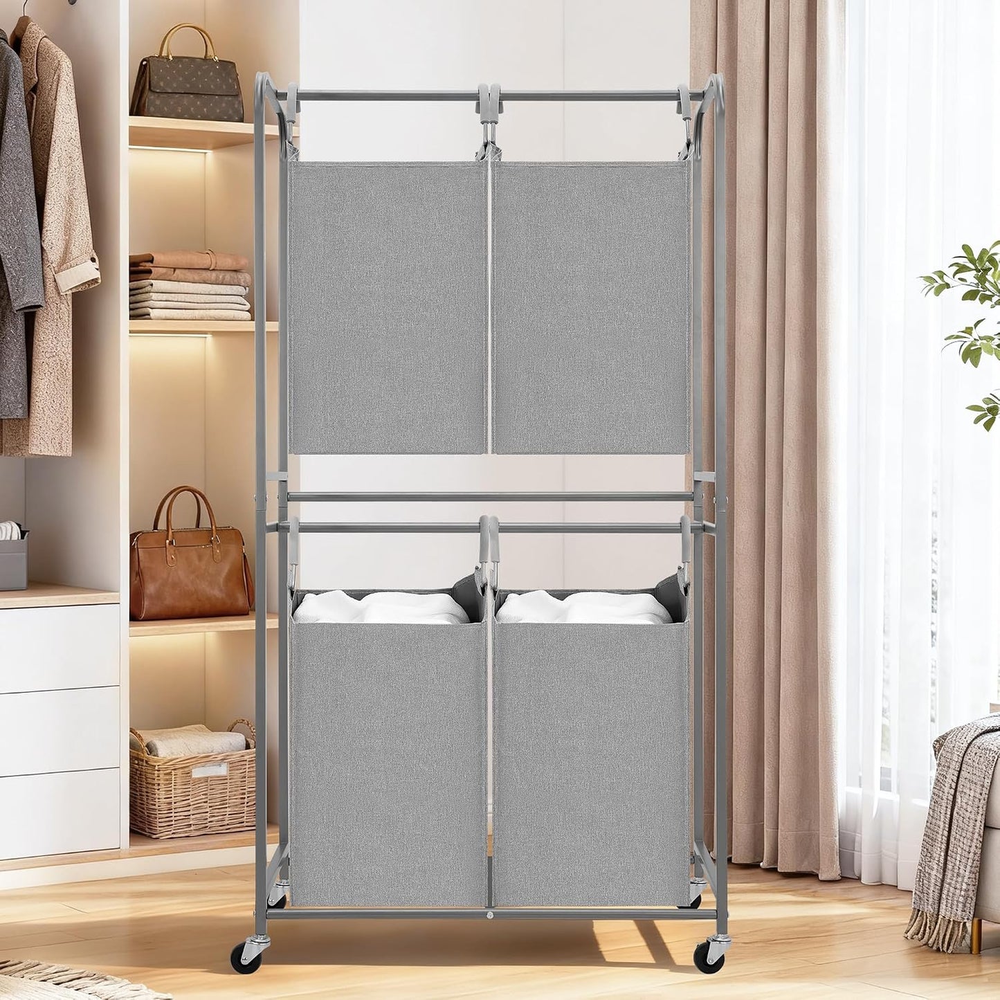 STORAGE MANIAC 2 Tier Vertical Laundry Hamper, 2 Section Laundry Sorter with 2 Removable Tote Bags, Rolling Clothes Basket for Towels, Blankets, Tall Dirty Clothes Hamper for Closet, 2 Bags Gray
