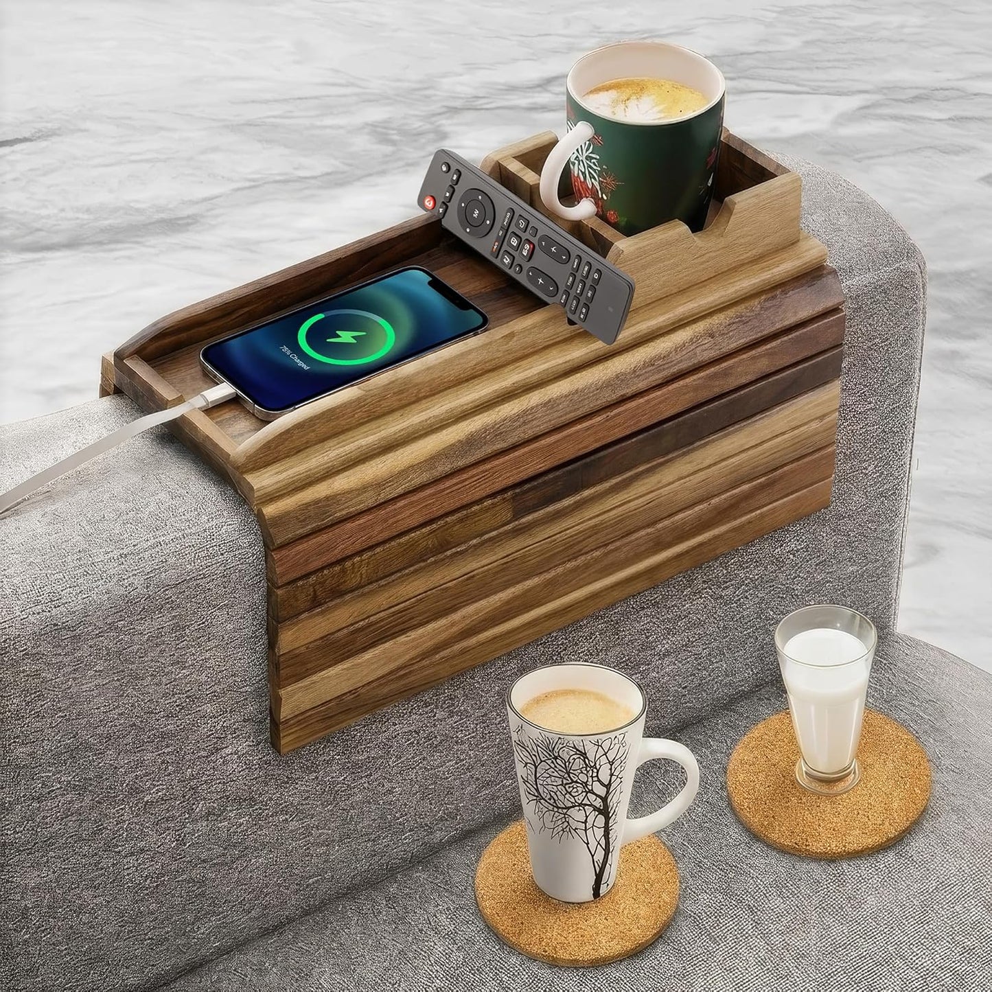 Bamboo Couch Cup Holder, 2 Cork Coasters, Anti-Slip Foldable Couch Arm Tray | 2 in 1 Foldable Sofa Arm Tray, Couch Armrest Table, Anti-Spill Couch Arm Table for Drinks TV Remote Cellphone Snacks