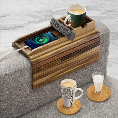 Bamboo Couch Cup Holder, 2 Cork Coasters, Anti-Slip Foldable Couch Arm Tray | 2 in 1 Foldable Sofa Arm Tray, Couch Armrest Table, Anti-Spill Couch Arm Table for Drinks TV Remote Cellphone Snacks