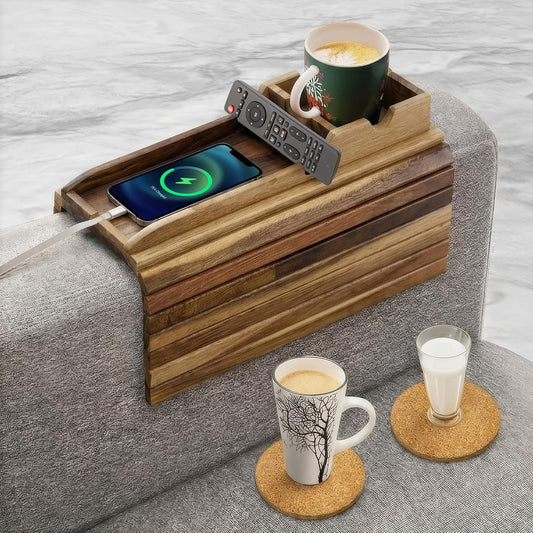 Bamboo Couch Cup Holder, 2 Cork Coasters, Anti-Slip Foldable Couch Arm Tray | 2 in 1 Foldable Sofa Arm Tray, Couch Armrest Table, Anti-Spill Couch Arm Table for Drinks TV Remote Cellphone Snacks