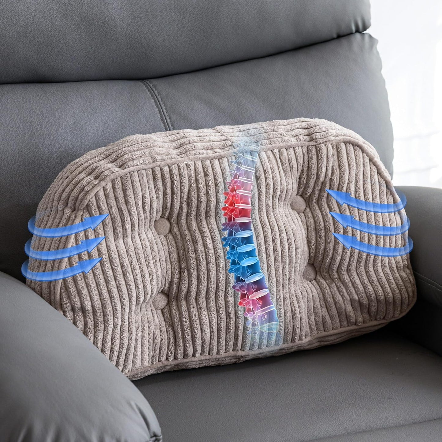 HIGOGOGO Lumbar Support Pillow for Recliner Chair/Accent Chair/Couch/Office Chair, Tufted Corduroy Back Support Cushion for Elderly, Recliner Cushions for Back Rest, Pain Relief, Reading, Dark Grey