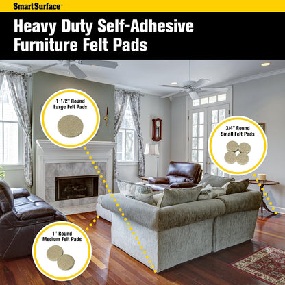 8850 Heavy Duty Self Adhesive Furniture Felt Pads 3/4-Inch, 1-Inch & 1-1/2-Inch Round Oatmeal 144-Piece Value Variety Pack in Resealable Bag