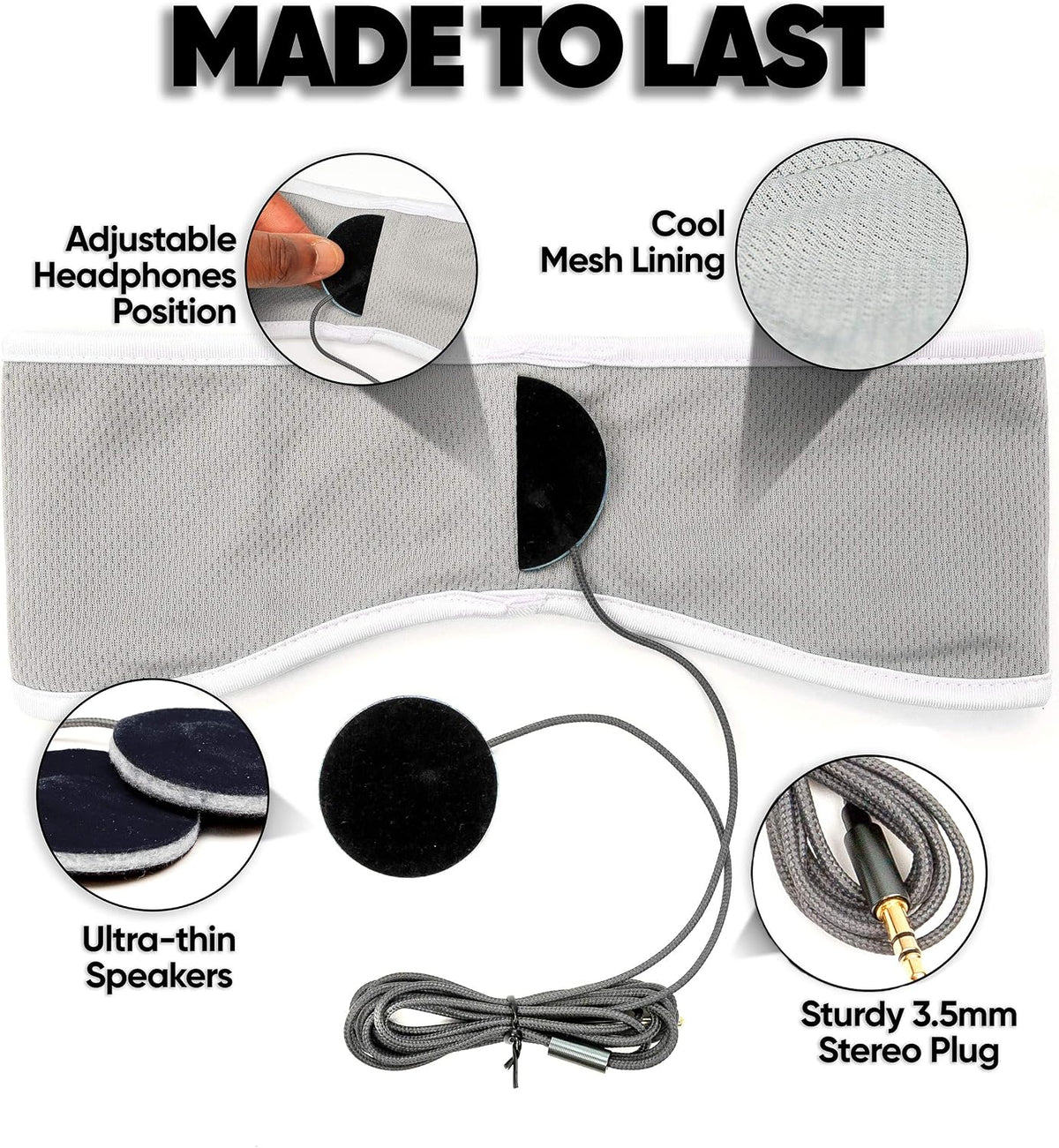 CozyPhones Sleep Headphones - Over Ear Headphones from Ultra Thin Cool Mesh Wired for Side Sleepers, Meditation, Running, Laptop, and Phone - White