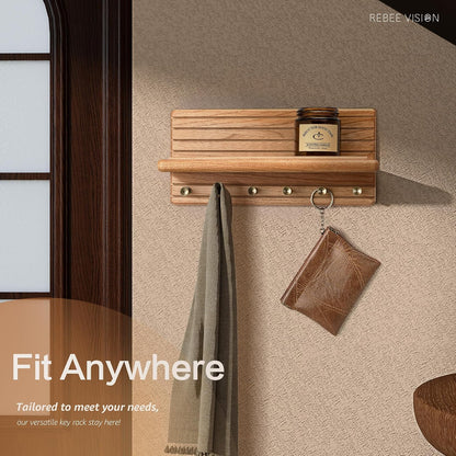 Rebee Vision Pine Wood Key Holder Wall Mount with Shelf for Entryway, Brown | 6 Key Hooks, Round Corner, Smooth&Hand-Friendly, Clear Wood Texture, Space-Saving Design, Organize Mail & Letter
