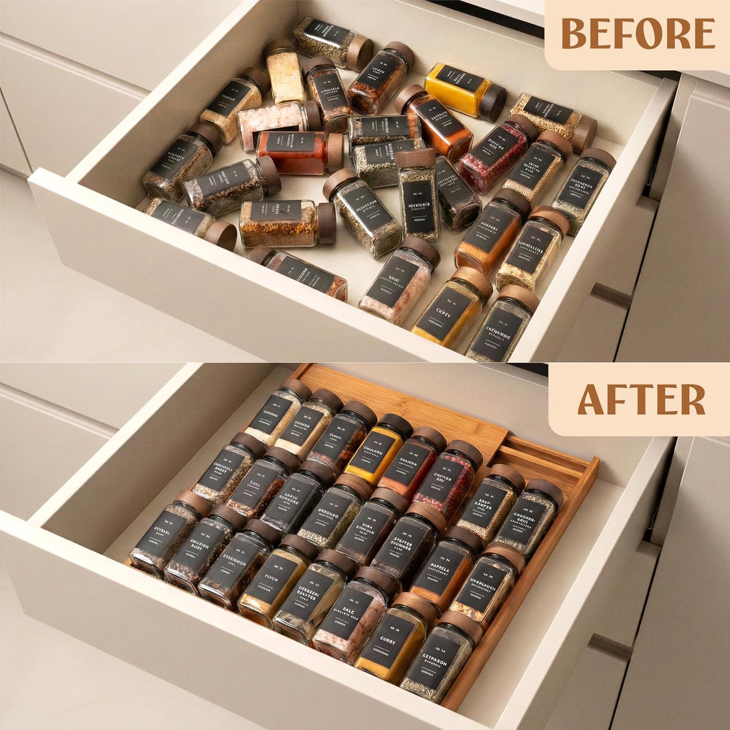 Bamboo Spice Drawer Organizer - Expandable 4 Tier Spice Rack (Need 3" Deep Drawer) 12" to 24" Wide, Seasoning Organizer, Organization Seasoning Rack insert (Jars Not Included)