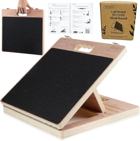 Swara 17″ Wide Wooden Slant Board for Calf Stretching & Squats, Foldable | Adjustable Calf Stretcher with Thicker Base, Foldable Wide Slant Board, Exercise Guide, Free Muscle Roller and 400lb Capacity