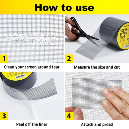 Black Window Screen Repair Tape, 4 in X 15 FT, Screen Repair Kit for Windows or Doors, Strong Adhesive Patch Kit Fiberglass Mesh Tape