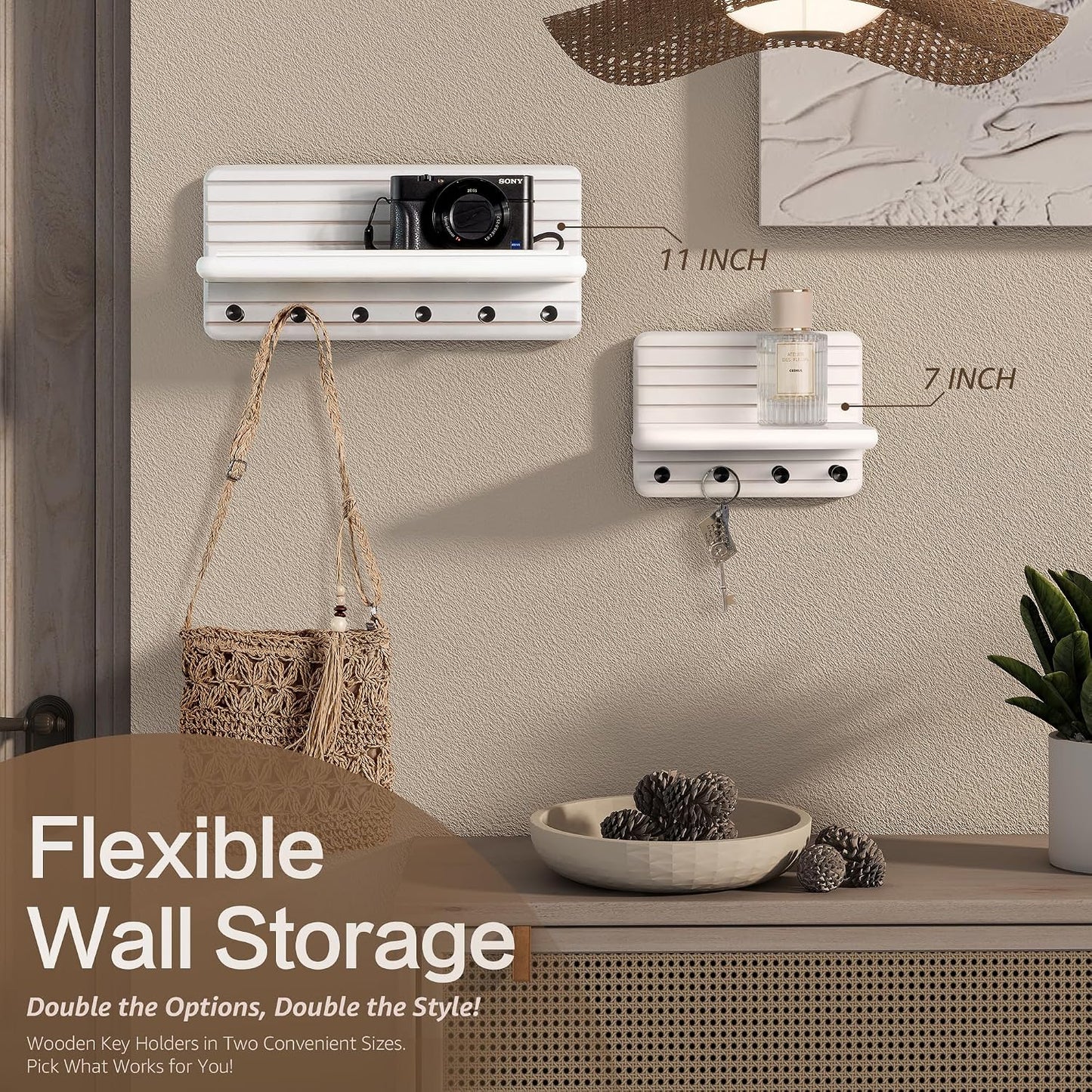 Rebee Vision Pine Wood Key Holder Wall Mount with Shelf for Entryway, Brown | 6 Key Hooks, Round Corner, Smooth&Hand-Friendly, Clear Wood Texture, Space-Saving Design, Organize Mail & Letter