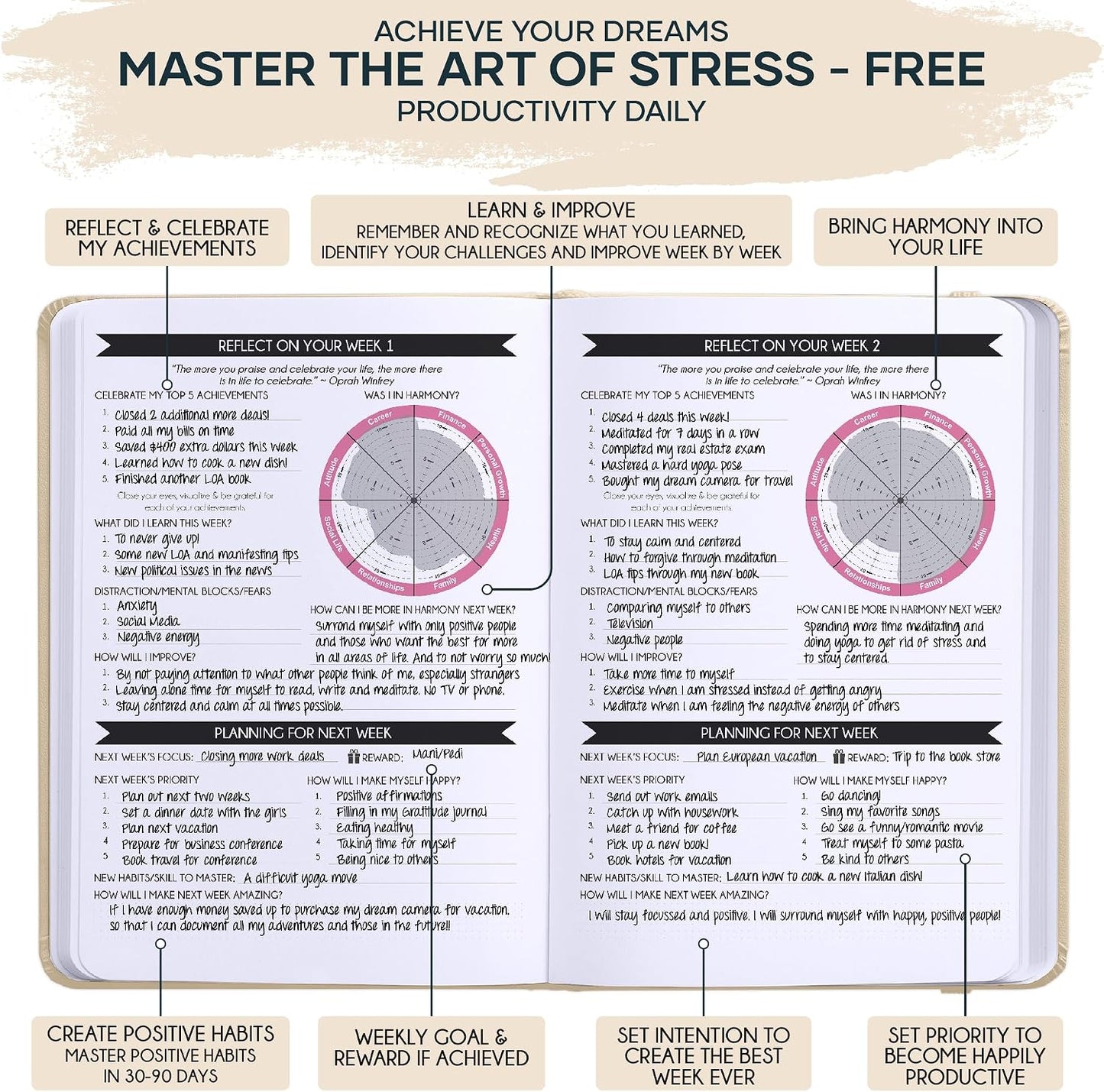 Freedom Mastery Daily Journal of Gratitude, Productivity & Habit Tracker | Undated 90-Day Planner with Daily Reflection, Mindfulness, Positivity, Vision Board & Stickers, Gratitude Journal for Women