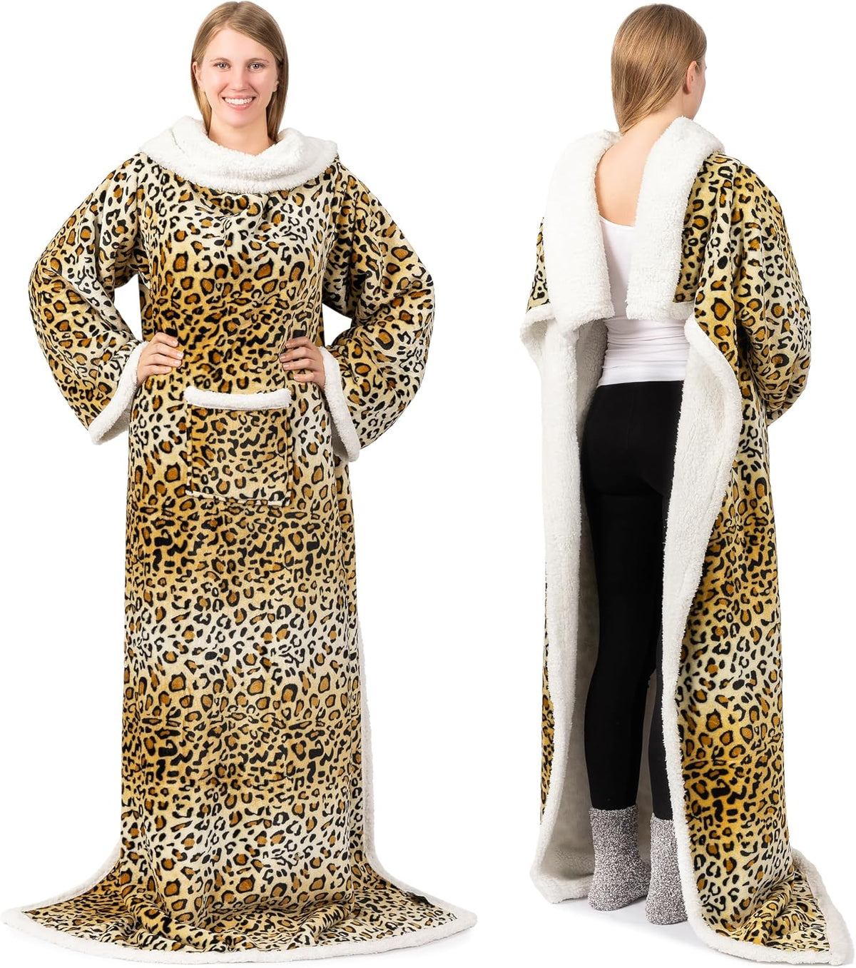 PAVILIA Wearable Blanket with Sleeves and Pocket for Women Men, Sherpa Trim