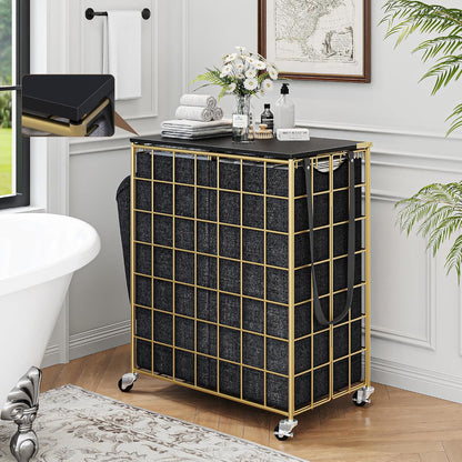90L Laundry Basket with Wheels, Large Capacity Laundry Hamper with Removable Liner Bags, Heavy Duty Laundry Sorter with Solid Wood Lid & Leather Handles, Grey