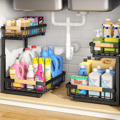 PXRACK Under Sink Organizer, Adjustable Height, 2 Tier Pull Out Under Cabinet Organizer, Slide Out Thickened Metal Under Sink Storage for Kitchen Bathroom Laundry Pantry Cabinet, White, Large-2-Pack