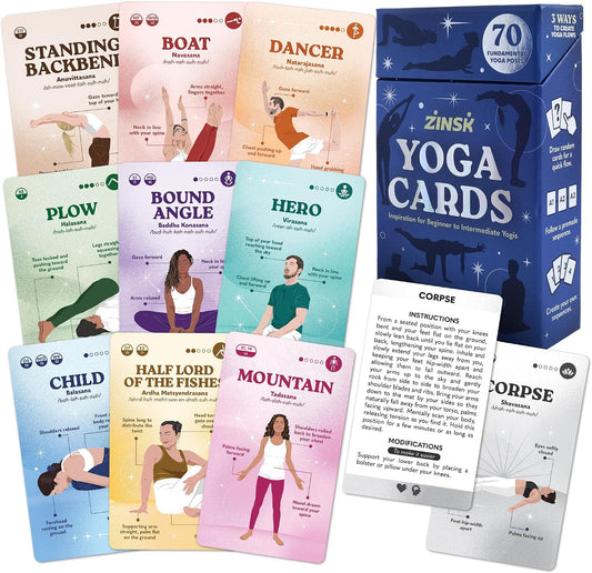 Zinsk 70 Premium Yoga Cards - Pose Flashcards with Beginner Instructions, Difficulty Levels, and Sequences - Deepen Your Practice with Alignment Cues, Modifications, Sanskrit Names & 10 Intentions