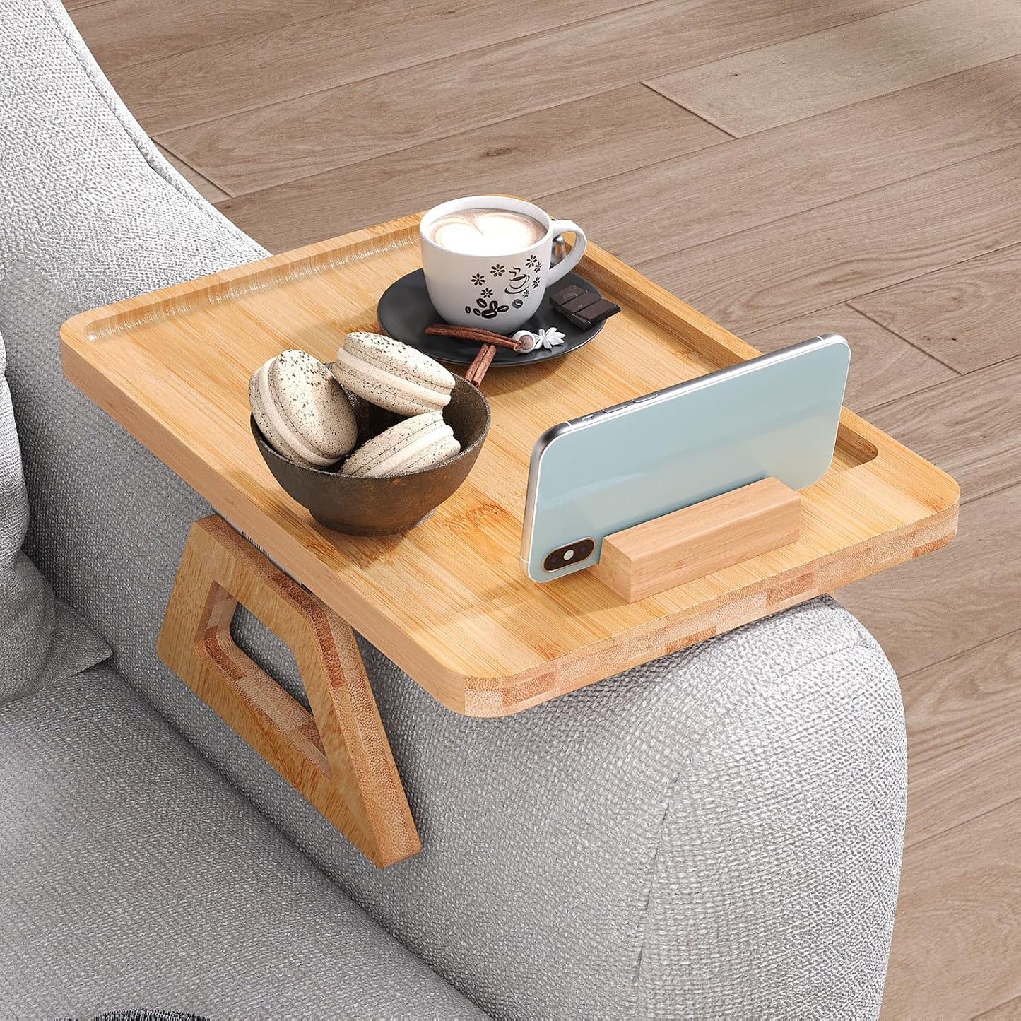 Couch Arm Tray,Bamboo Folding Sofa Tray,Sofa Armrest Trays Clip-On Couch Desk for Drinks,Snacks,Phone,Remote Control（Black）