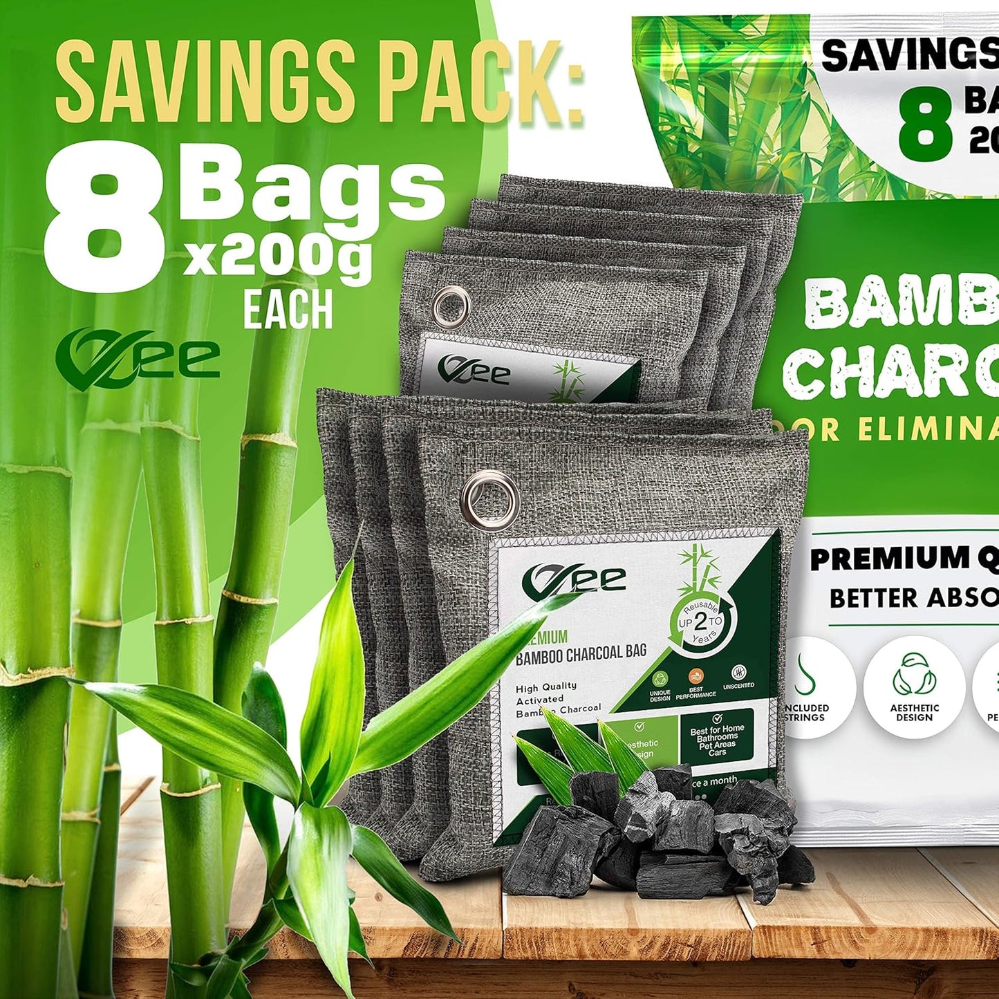 8 XL Bags x 200g Bamboo Charcoal Odor Absorber (1,600g Total),Activated Charcoal Air Purifying Bag, Odor Eliminator for Home, Basement, Smoke, Mothball, Pet, Car, Closet, Shoes